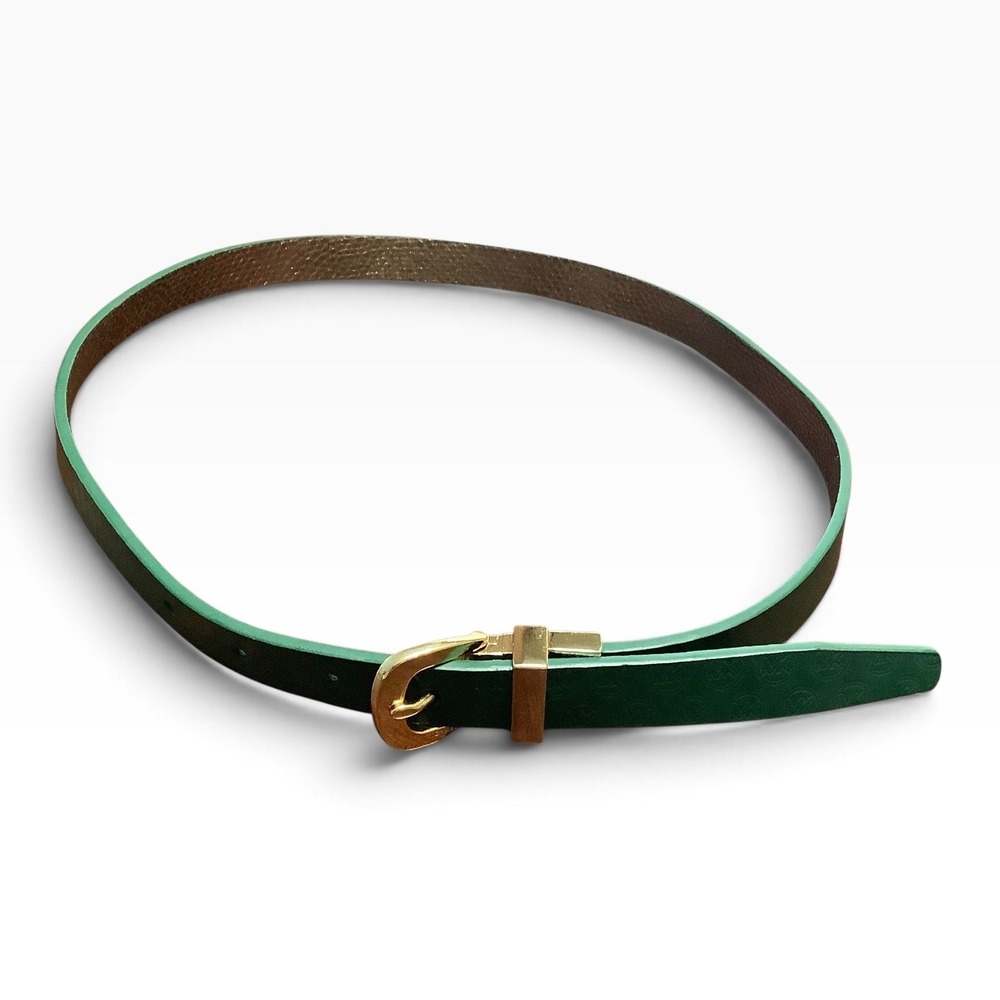 Michael Kors Womens Reversible Belt Green Monogram Gold Snakeskin Skinny MK